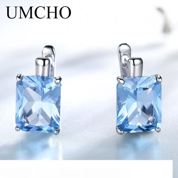 

umcho luxury 8.0 ct небесно голубой топаз драгоценный камень ювелирные изделия твердые стерлингового серебра 925 клип на серьги для женщин п, Golden;silver
