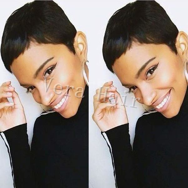 Short Straight Summer Human Hair Wig Pixie Cut Wig With Bang 1b