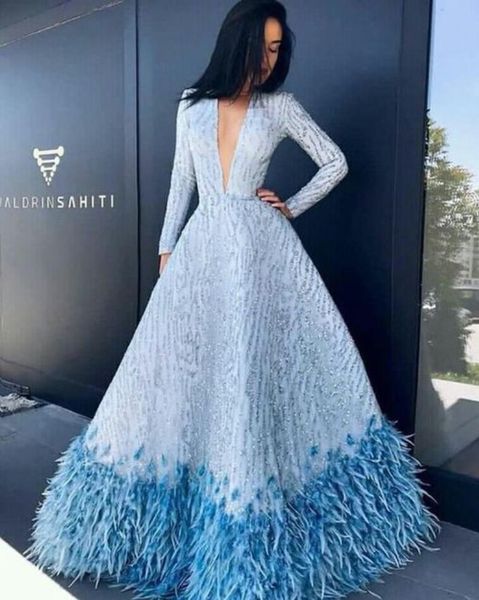

light blue evening dresses lace sequined beads deep v neck a line long sleeve prom dress luxury feather arabic special occasion gown, Black;red