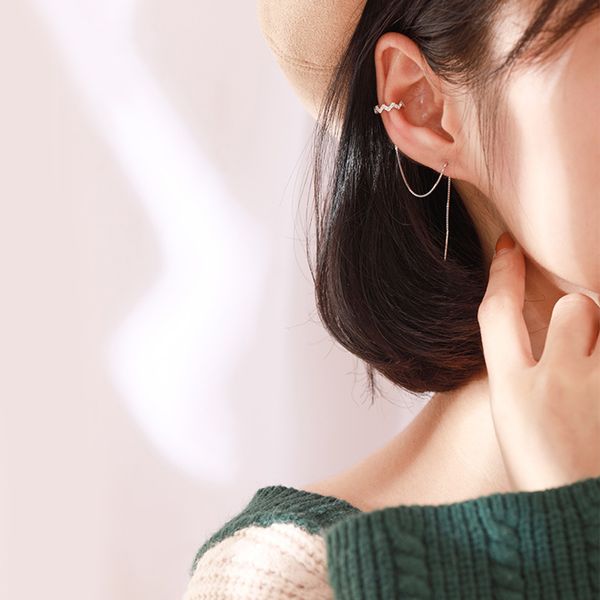 

women silver inlaid crystal wave ear clip female long ear line 3 wearring methods earrings wedding jewelry gift, Golden;silver