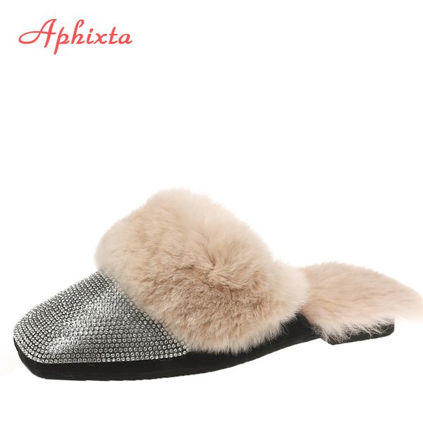 

aphixta real fur зима теплые тапочки женщины кристалл bling мулов женщина женщины в пушистых тапочки обувь женщины плоский кролик слайд воло, Black