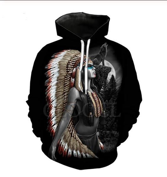 

new fashion cool sweatshirt hoodies men women 3d print animal wolf and indians fashion style streetwear long sleeve clothes tz0148, Black