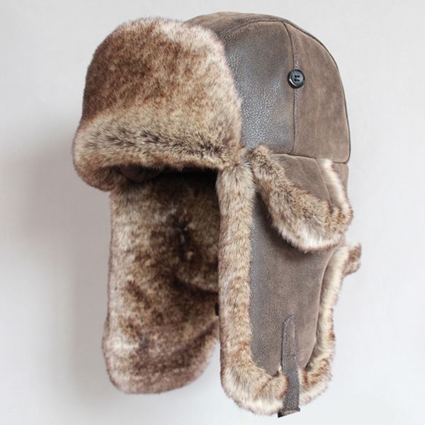 

winter bomber hats vintage russian ushanka caps men women faux fur trapper hat pu leather wind proof earflap trooper hats y200110, Blue;gray