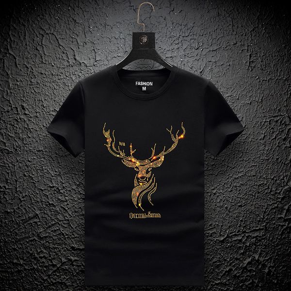 

national tide men's short-sleeved summer trend rhinestone clothes men's loose compassionate round neck large size compassionate bo, White;black