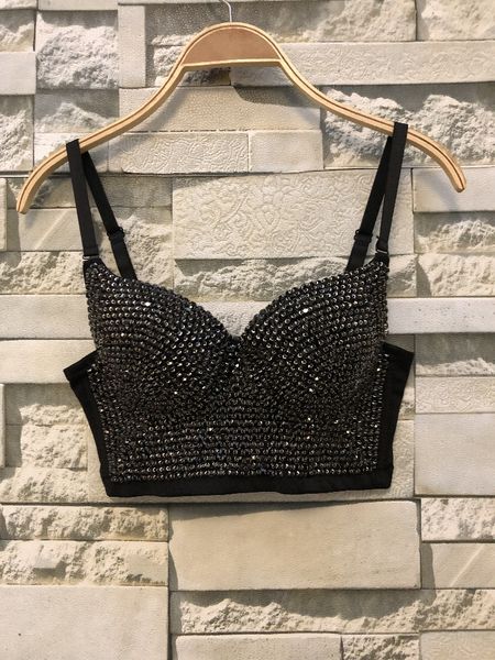 

2019 new women's bra cropped plus size rhinestone bead bustier pearls diamond push up night club bralette, White