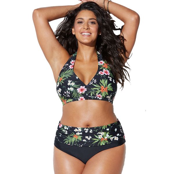 

large plus size women push up swimsuit print floral bikini set bandage swimwear vintage bathing suit push up beachwear 4xl, White;black