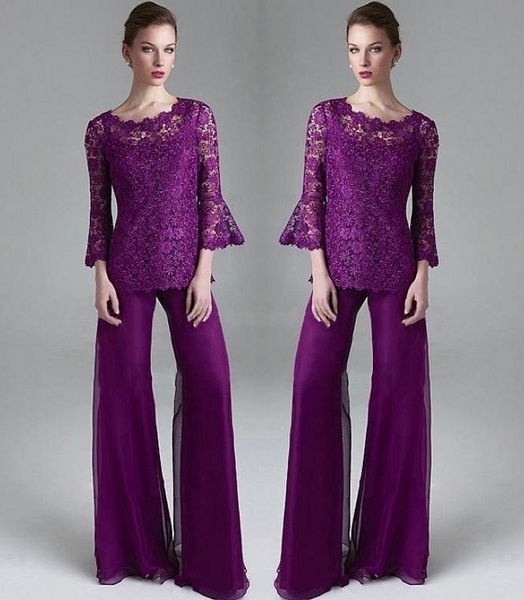 Elegante laço roxo mãe da noiva calça ternos sheer jóia pescoço mangas compridas vestido de convidado de casamento plus size chiffon mães noivo vestidos