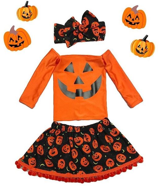 

halloween children's clothing autumn girl suit pumpkin long-sleeved square collar t-shirt + fringed ball skirt three-piece suit, White