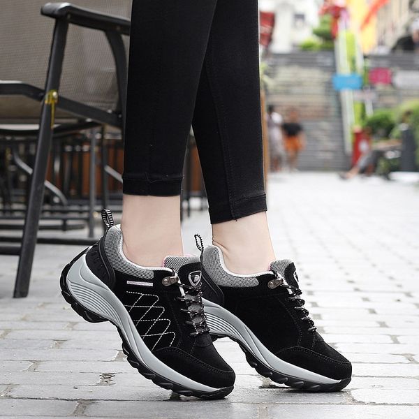 

2019 new black women's waterproof hiking shoes nubuck leather platform sneakers woman outdoor walking travel sports shoes female