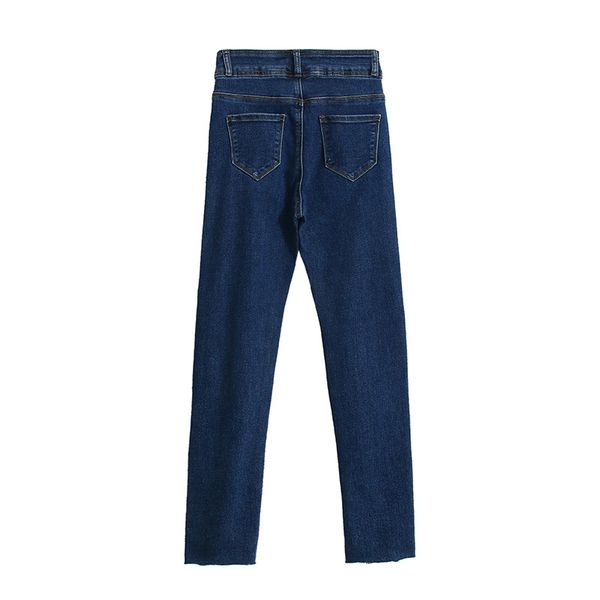 

19 autumn and winter new style korean-style simple base-high-waisted two-button stretch women's jeans skinny slim fit, Blue