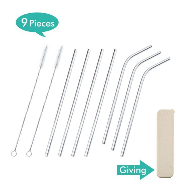 

9pcs/pack colorful stainless steel metal drinking straws straight and bent reusable filter with brush diy coffee bar tools