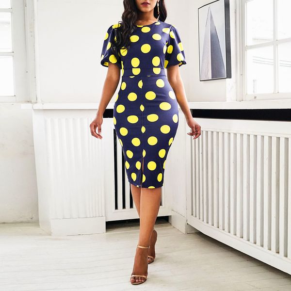 

women midi dresses elegant blue office lady plus size bodycon high waist polka dots print split female fashion dress, Black;gray