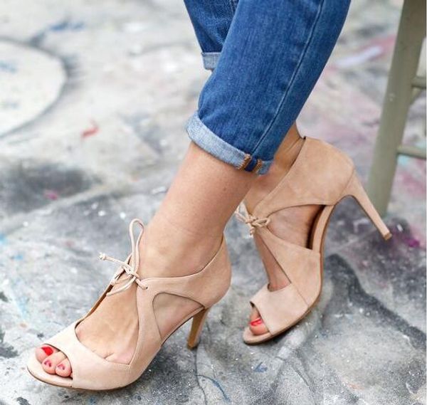 

linamong suede red nude black cross lace up hollow out sandals woman stiletto heel high heel peep toe casual sandals shoes