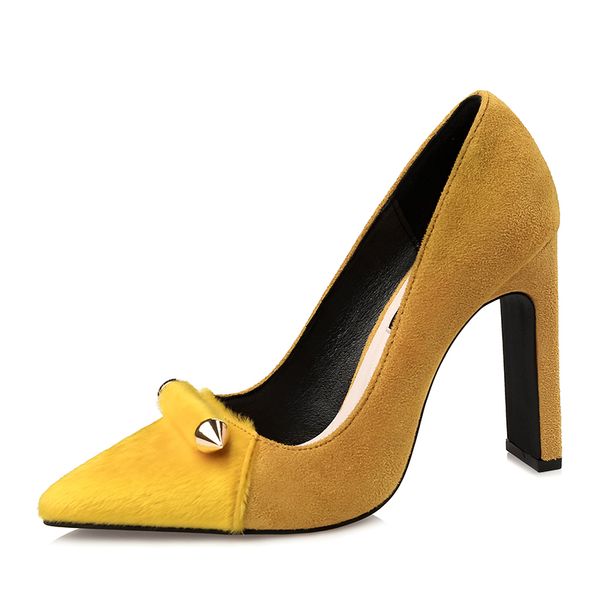 

d&henlu}flock high heel pumps yellow shoes woman party heels thick heel pumps point toe suede mujeres bombas, Black