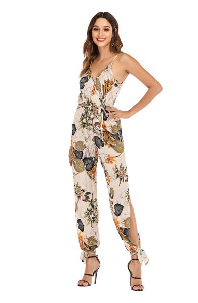 

jumpsuit womens rompers for women jumpsuit summer neck sleelveless floral printing split ankle length jumpsuit women summer clothes, Black;white