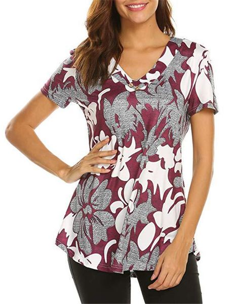 

лето женский цветочные printed tops модельер v шеи футболку с кнопкой женские повседневные женщины сыпучие одежда, White