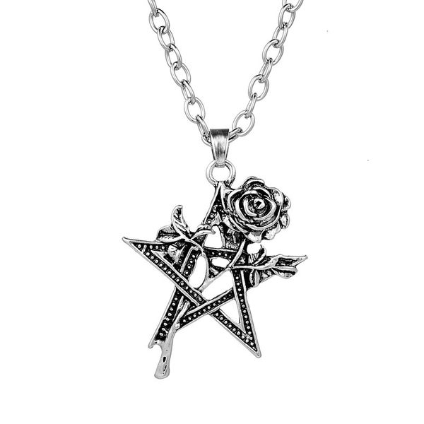 

vintage antique silver rose flower cross star charm pendant necklace religious pentacle pentagram star gothic men women jewelry