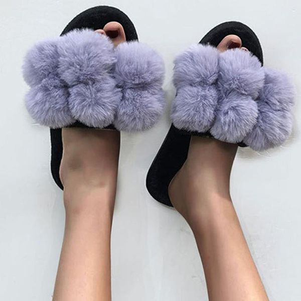 

sagace winter slippers women cute plush balls soft fleece warm house outdoor slippers dames bed room shoes zapatos de mujer, Black