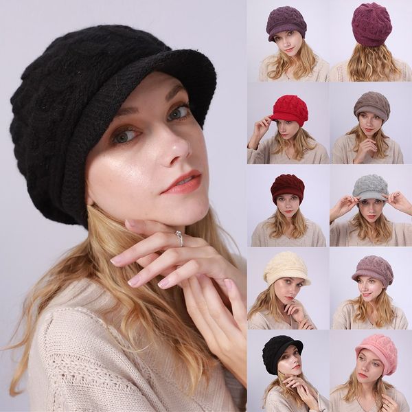 

keep warm winter casual beret knitted hat wool hemming hat thicken ski winter women's solid fashion knitted, Blue;gray