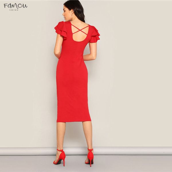 

Red Layered Bodycon Dresses Bodycon Ruffle Sleeve Crisscross Back Dress Women Summer Elegant Sleeveless Solid Slim Midi Party Dress