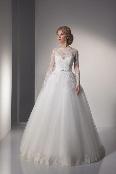 

white simple lace long sleeve light wedding dress