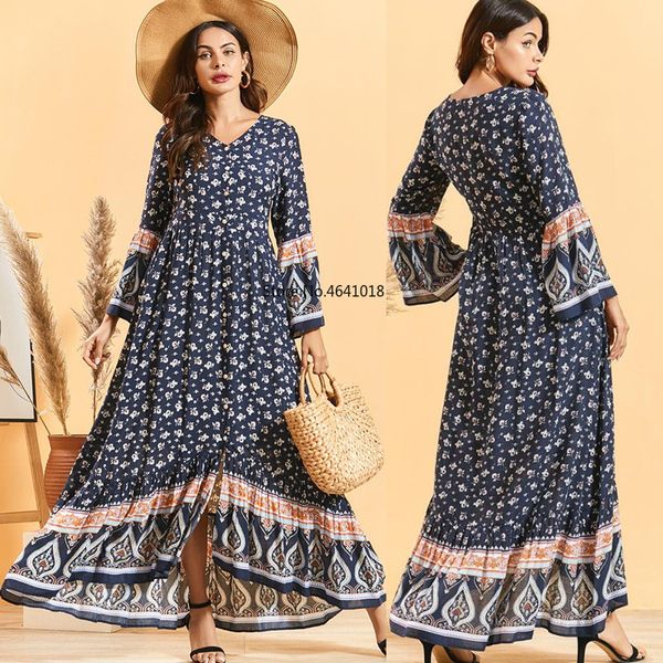 

summer 2020 women ethnic floral bohemian shirt dress muslim abaya dress arabic slamic ramadan robe abaya dubai caftan robe femme, Red