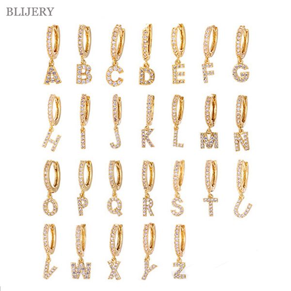 

blijery 1pc trendy cubic zirconia letter paved a-z earrings gold silver small hoop earrings for women jewelry boucles d'oreilles, Golden;silver