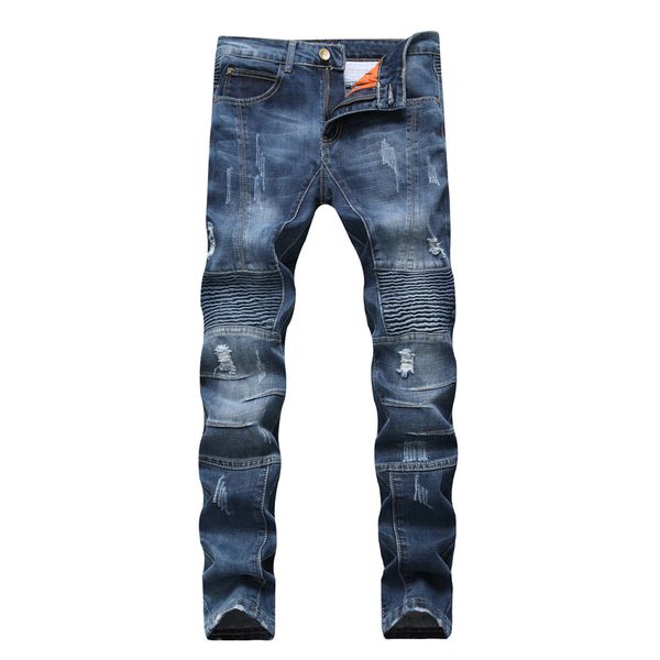 

2019 new men's jeans men's slim straight hole pleated denim trousers blue casual pants more size 29- 34 36 38
