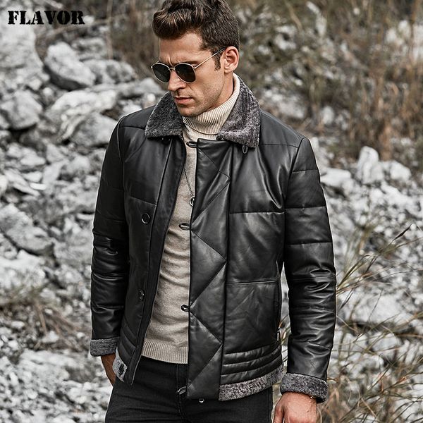 

flavor men's real leather down jacket men genuine lambskin winter warm leather coat with turn down sheep fur collar, Black