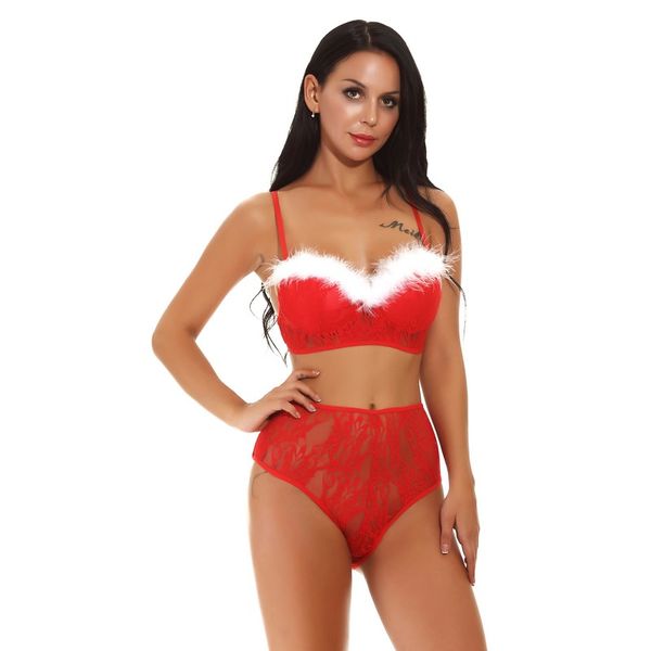 Reggiseno da donna Top in pizzo rosso a rete per le vacanze natalizie Set di lingerie festosa con reggiseno con finiture sfocate bianche e slip intimo sexy S-XXL