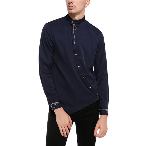 

newly men long sleeve solid color oblique buttons slim breathable shirt for business work do99, White;black
