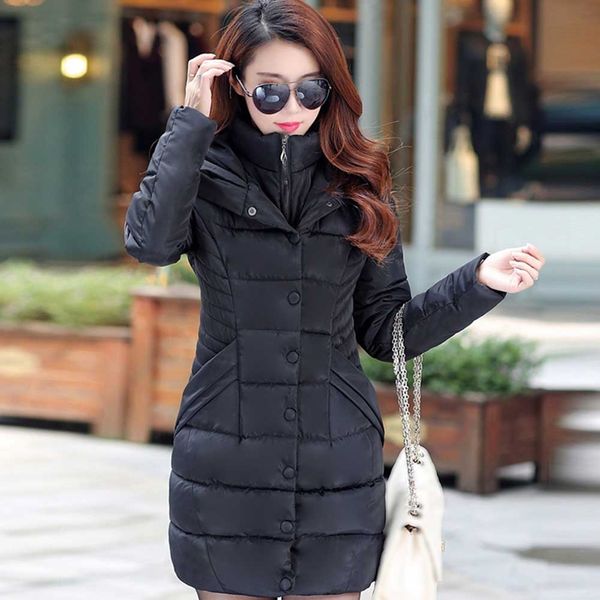 

casual windproof hooded long sleeve slim comfortable women coat winter solid with pockets thickened warm soft, Black