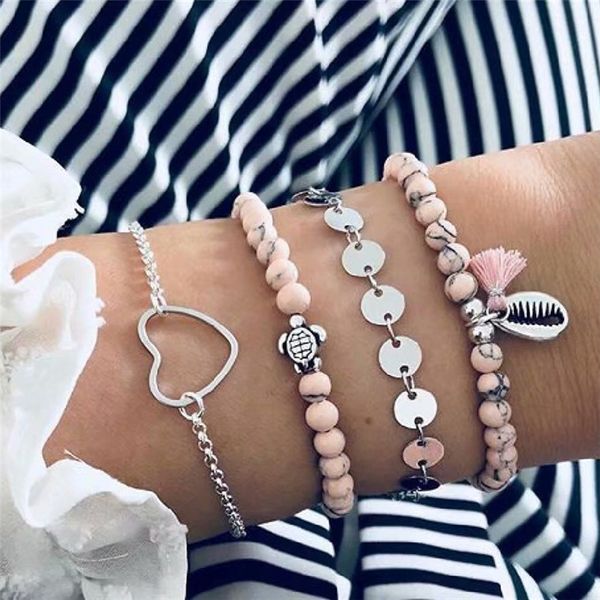 

stone link chain bead bracelet set heart handmade tassel shell boho resin adjustable rope bracelet for unisex, Black