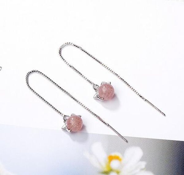 

творческий клубничный кварц cat ear line симпатичного moonstone кристалл котик бусы длинных мотаться серьги для женщин корейского сладких юв, Silver