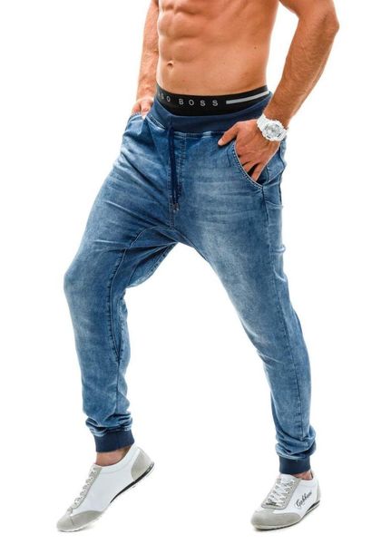 

new style elastic high waist jeans men's europe and america selling thread waist loose-fit men jogger pants, Blue