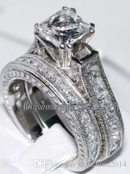 

size 5 6 7 8 9 10 antique jewelry nice princess cut z 14kt white gold filled gf diamonique wedding ring set for love gift, Silver