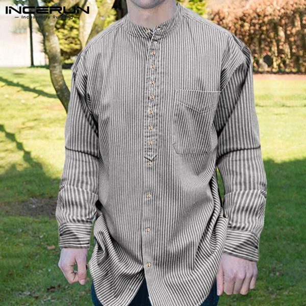 

incerun vintage striped shirt men long sleeve cotton stand collar button 2019 casual pockets loose long shirts men clothes, White;black