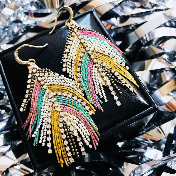 

fashion bohemia colorful feather shape crystal wild big drop earrings jewelry women dance party nightclub summer tropical style, Silver