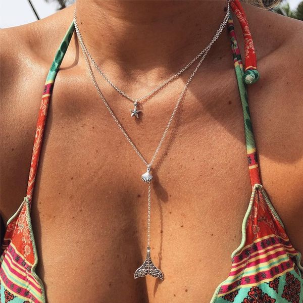 

vienkim fashion bohemian starfish shell layering pendant multi layer chokers necklaces for women jewelry new gift, Golden;silver