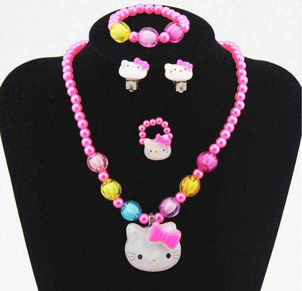 

1set=4pcs girls pink kitty cat bracelet rings clip earrings necklace kids lovely jewelry set round beads accessories for gift, Silver