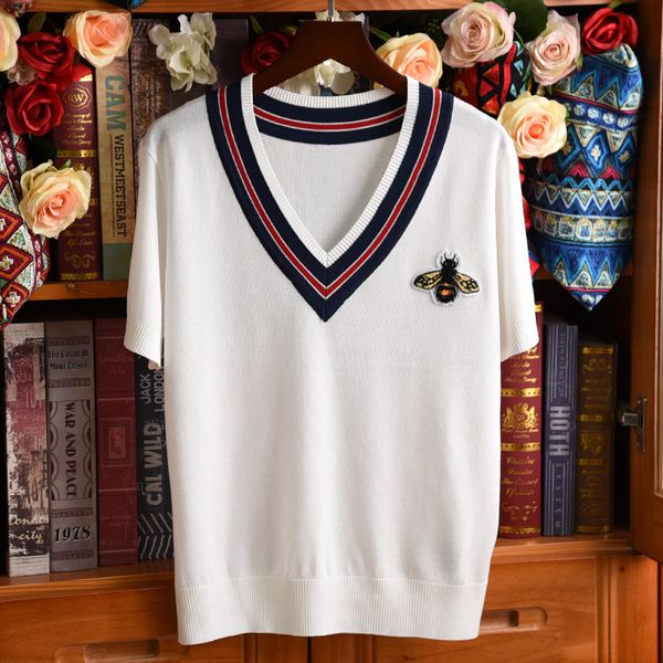 

bee knit t-shirt women spring new long sleeve loose large size cotton crew neck cloth shirts, White