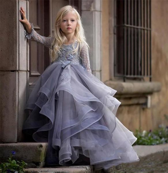 2019 Lilás Mangas Compridas Flower Girl Dress com 3D Floral Apliques de Renda Vestidos De Baile Para A Princesa Festa de Aniversário Vestido Vestidos Custom Made