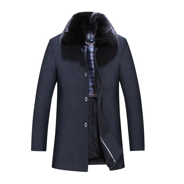 

winter woolen coat men's detachable fur collar business plus velvet thick jacket men's large size 4xl loose long parkas jacket, Black