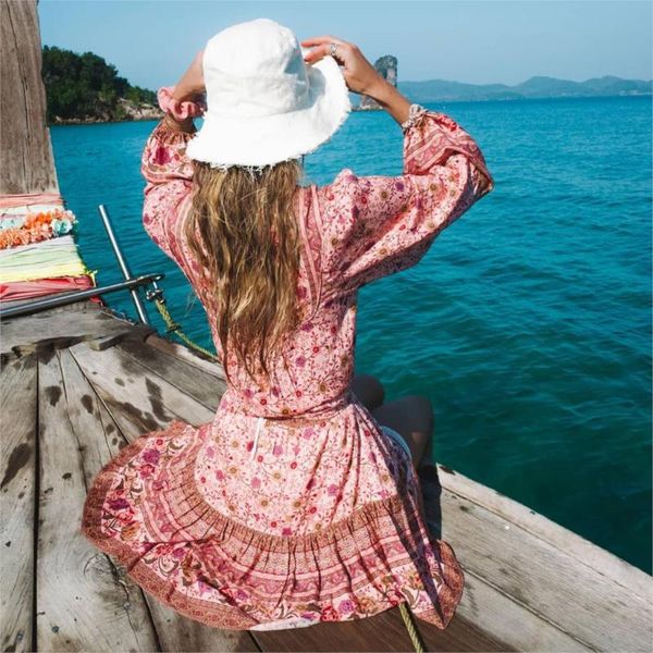 

розовый 2 шт. набор женщин цветочный принт наборы летнее платье с длинным рукавом мини boho платье цыганский пляж 2020 чешский костюм вечерн, White