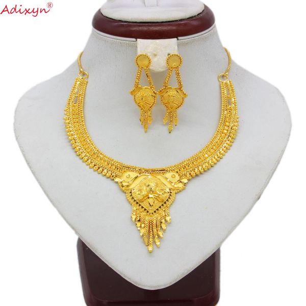 

adixyn india jewelry gold color jewelry set for women girls chokers chain/tassel earrings trendy ethiopian party gifts n060811, Silver