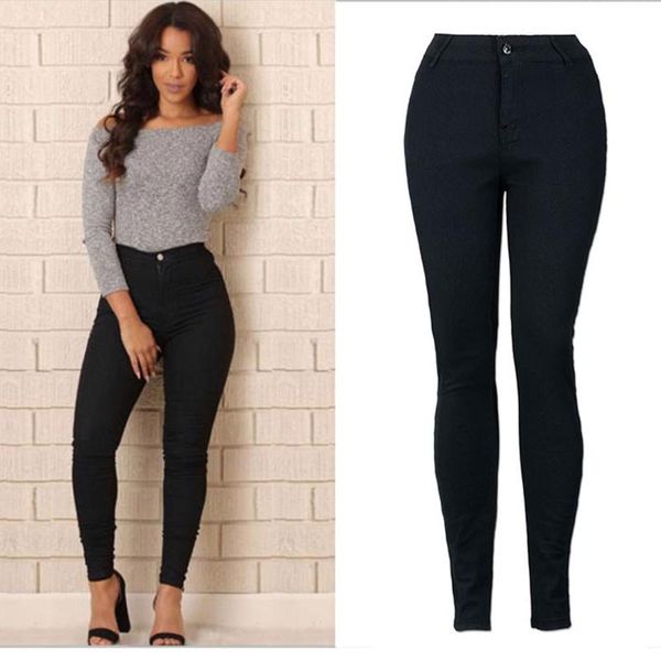 

high waist women jeans buttons slim elastic plus size stretch pants fashion denim blue skinny pencil pants trousers #g20