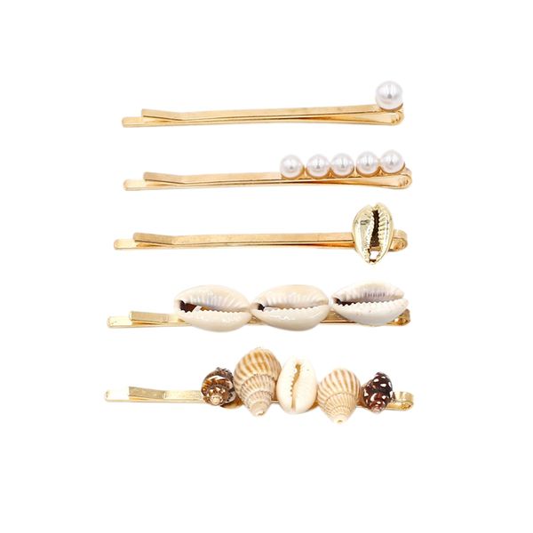 

5 pcs/set jewelry seashell hairpin anti-pearl hairpin accessories seaside female girl beach styling, Golden;white