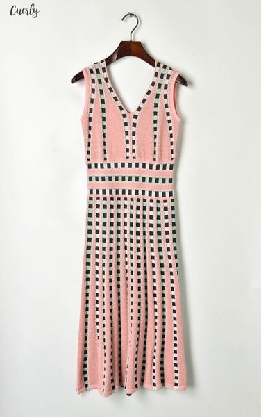 

v neck sleeveless dresses women runway summer v-neck pullovers knit dress elegant grid slim vestidos, Black;gray