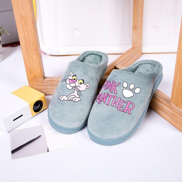 

slippers cartoon pink panther winter men indoor non-slip warm home shoes thick-soled rabbit wool cotton slippers warm slippers, Black