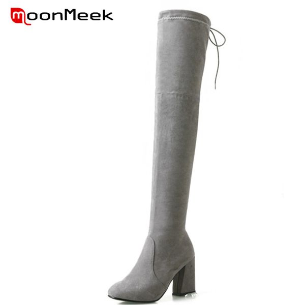 

moonmeek new arrive 2018 popular big size 33-43 long boots classic flock woman boots pointed toe over the knee ladies, Black